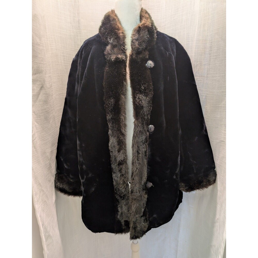 Vintage Faux Fur Coat by Hillmoor New York Black with Brown Trim L